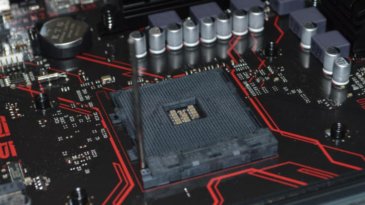 Close-up of a CPU socket on a motherboard highlighting advanced chiplet-ready semiconductor hardware.