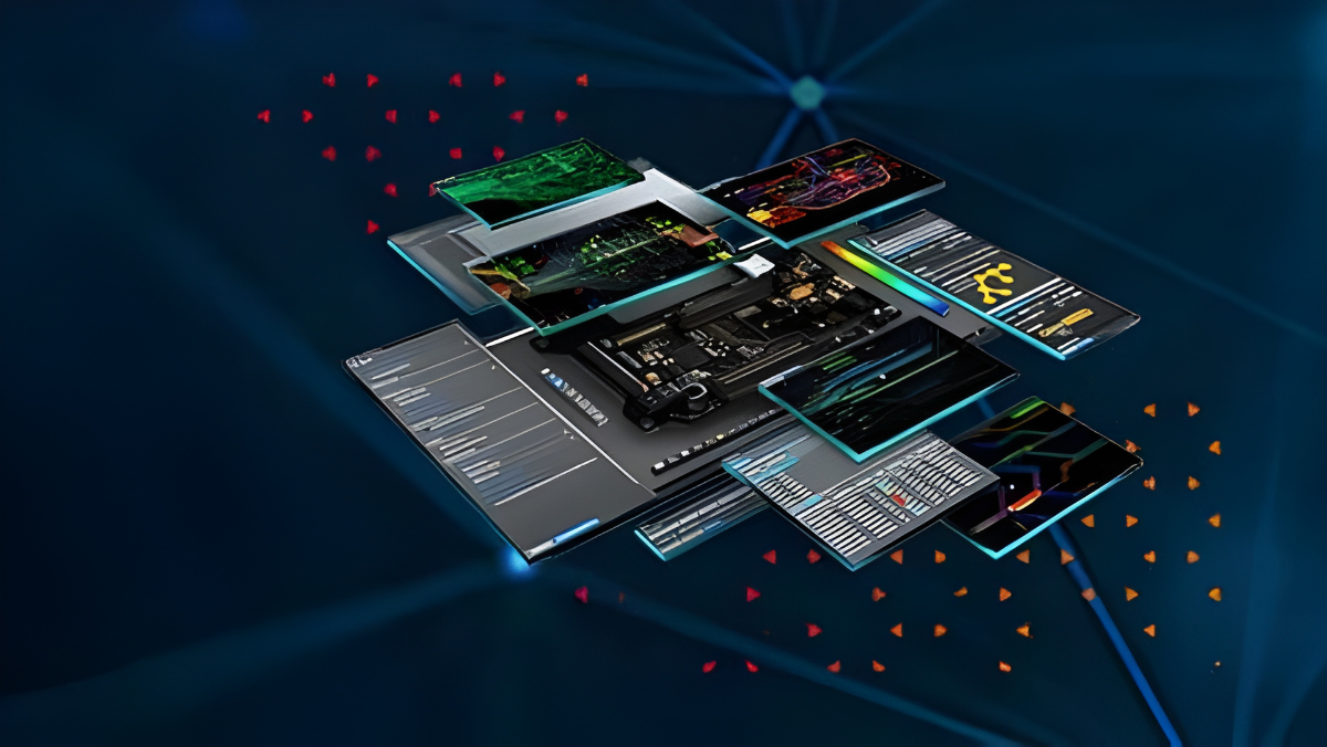 Layered chiplet and semiconductor graphics illustrating advanced multi die packaging technology.
