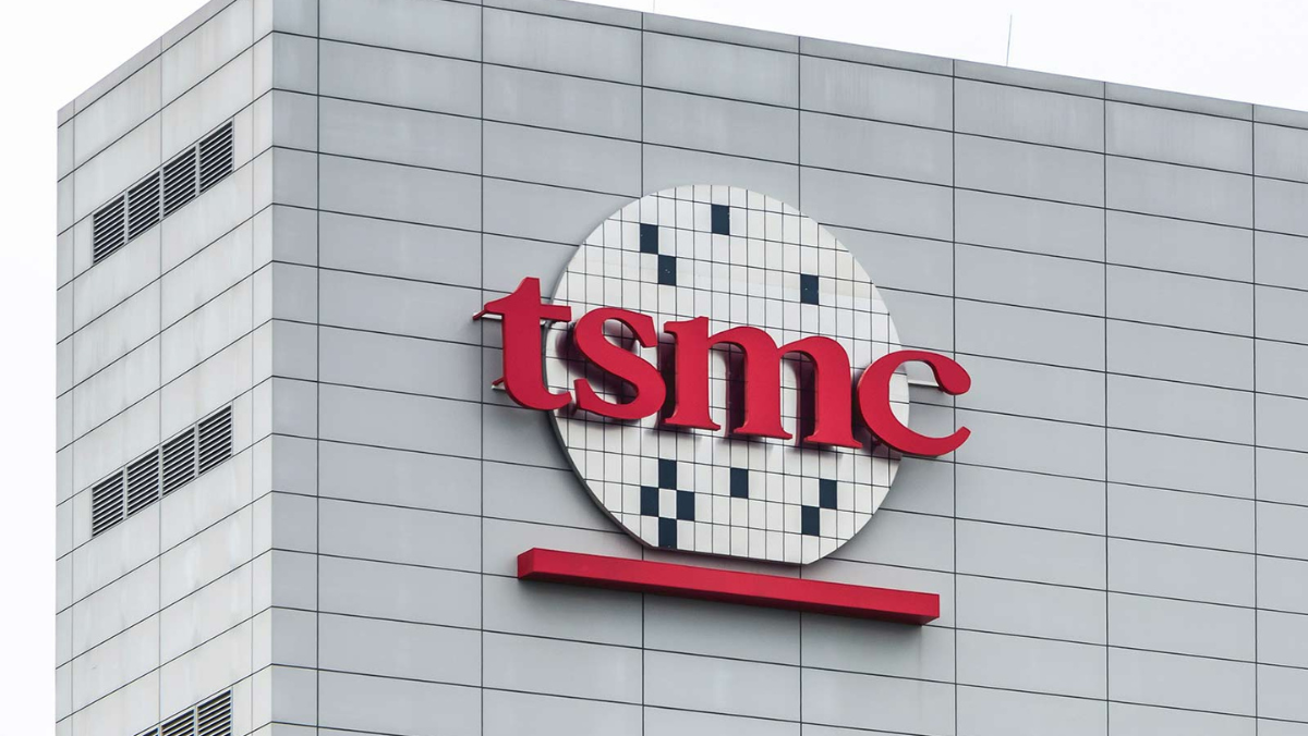 TSMC logo displayed on exterior wall of semiconductor manufacturing facility