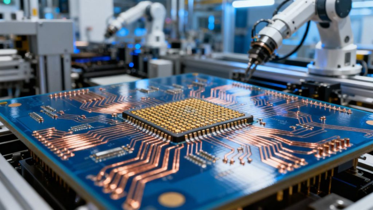 Semiconductor packaging line with robotic arms assembling a circuit board.