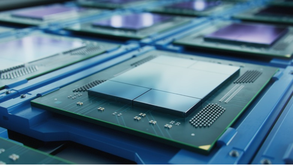 Close-up of advanced chiplet hardware on a semiconductor substrate, illustrating UCIe 3.0 interoperability themes.