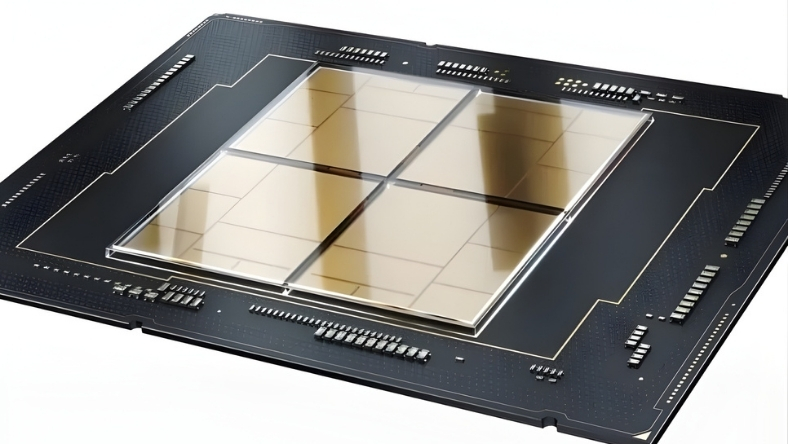 Close-up of chiplet-based processor with advanced packaging