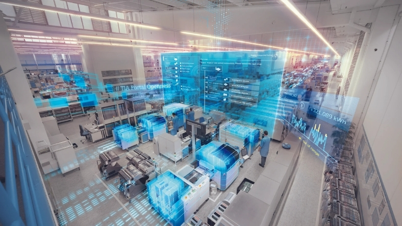 Semiconductor factory floor with digital overlays showing AI-driven manufacturing analytics