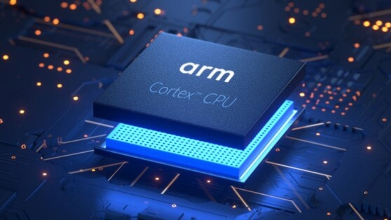 Arm Cortex CPU chip displayed on circuit board representing AI silicon