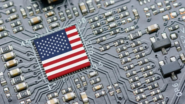 Semiconductor chip featuring US flag on motherboard